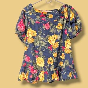 Navy Colorful Floral Cotton Boat Neck Puff Sleeve Relaxed Blouse M Resortwear